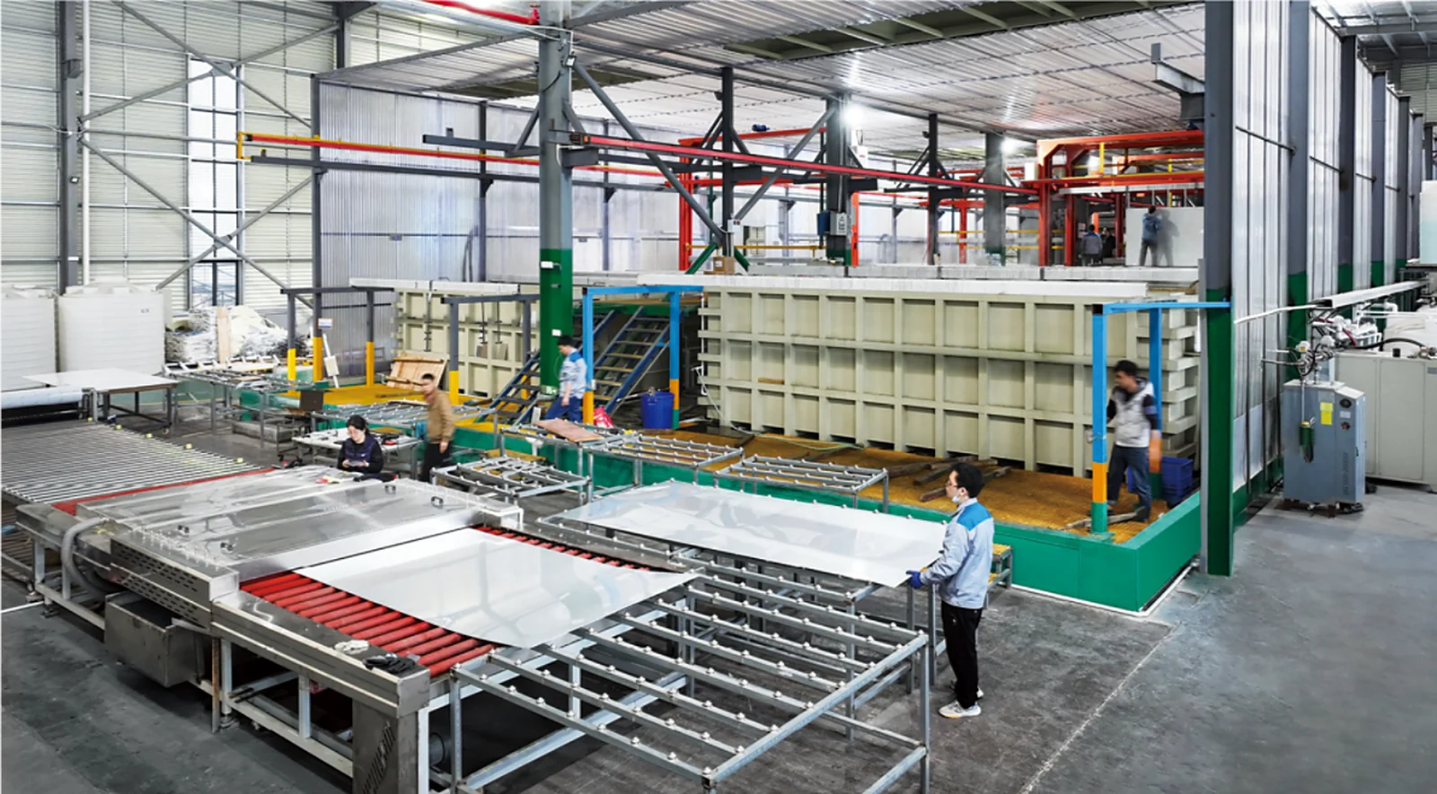 Aluminium panel production line with anodising tanks and overhead gantry