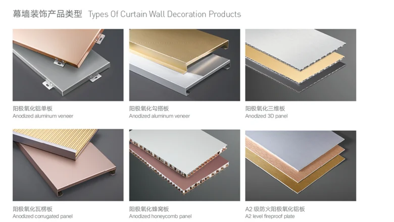 Aluminum panel build-ups: solid veneer, hook-on tray, 3D panel, corrugated, honeycomb and fire-rated panel