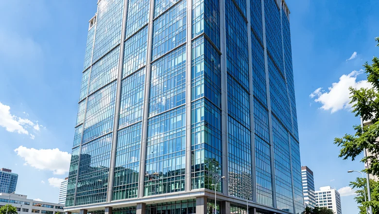 Completed unitised curtain wall on a modern high-rise building