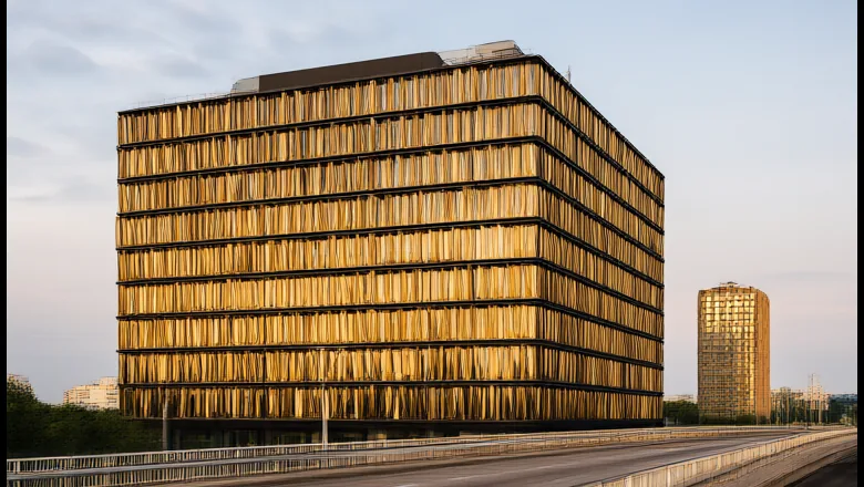 Kinetic facade acoustic screen of gold anodized aluminium blades on a commercial tower beside an urban highway