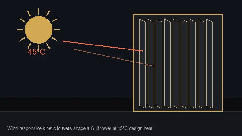 Kinetic facade louvers shading a Gulf tower at 45 degrees C design temperature