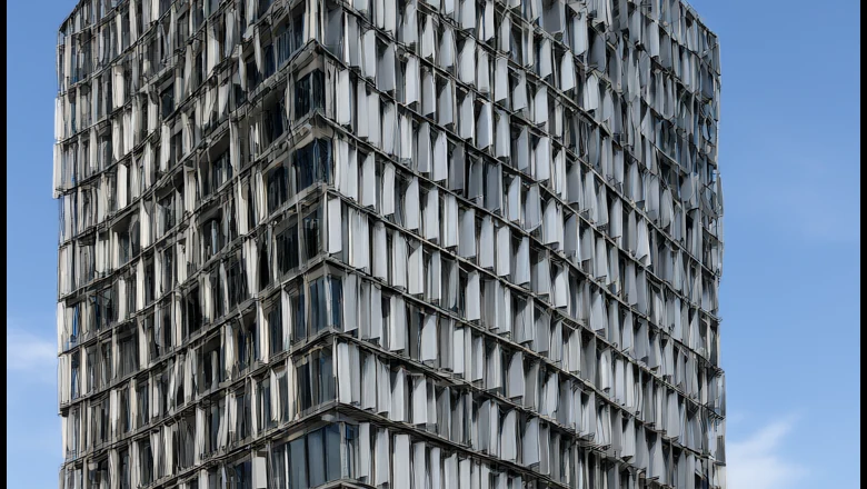 Kinetic facade movement types: aluminium louver blades rotated at different angles across a tower elevation