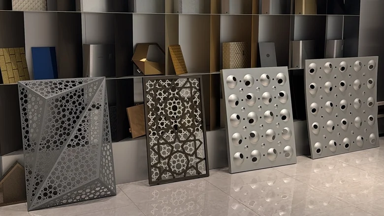 Perforated aluminum sample panels with round-hole, geometric and decorative aperture patterns