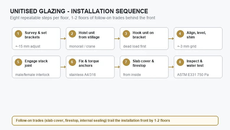Eight-step unitised glazing installation sequence from bracket setting to inspection and water testing