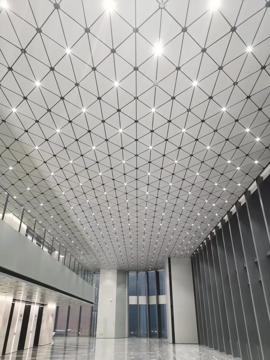 Triangular grid ceiling spanning a large atrium